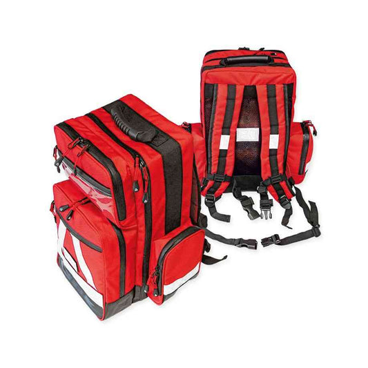 Notfallrucksack ''WasserStopp'' ratiomed groß, rot, leer mit reflektierenden Streifen, robustem Teflon SHIELD Material und mehreren Außentaschen.