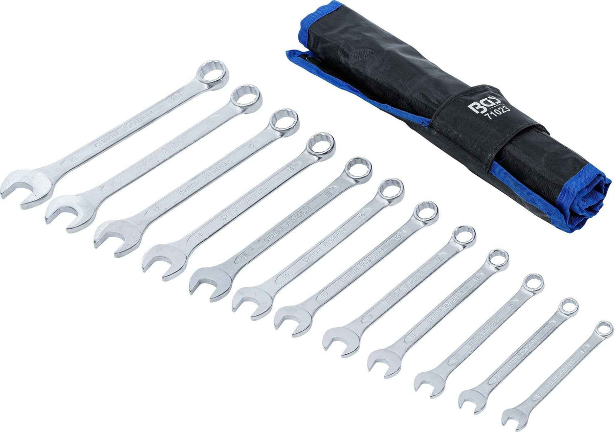 Satz offener Ringschlüssel in verschiedenen Größen mit Rolltasche zur Aufbewahrung, ideal für Werkstatt und Heimwerkerbedarf.