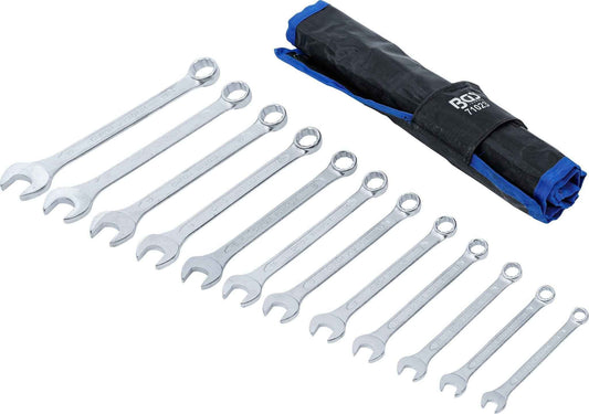 Satz offener Ringschlüssel in verschiedenen Größen mit Rolltasche zur Aufbewahrung, ideal für Werkstatt und Heimwerkerbedarf.