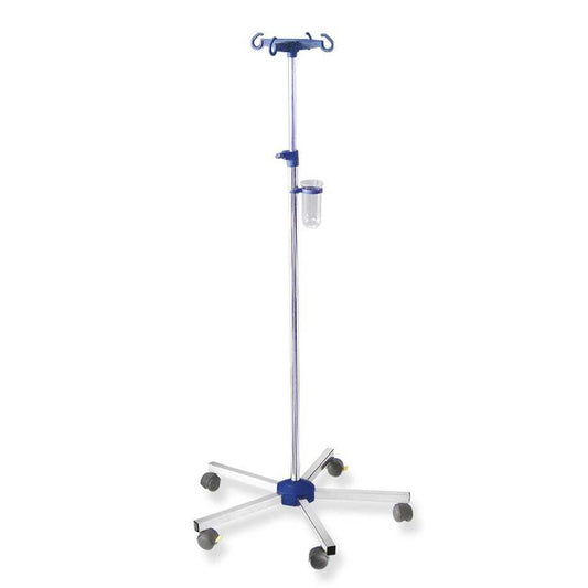 Infusionsständer ratiomed verchromt mit 4 Haken, höhenverstellbar aus Stahl, inklusive Tropfglashalter auf rollbarem Fußkreuz für medizinische Anwendungen