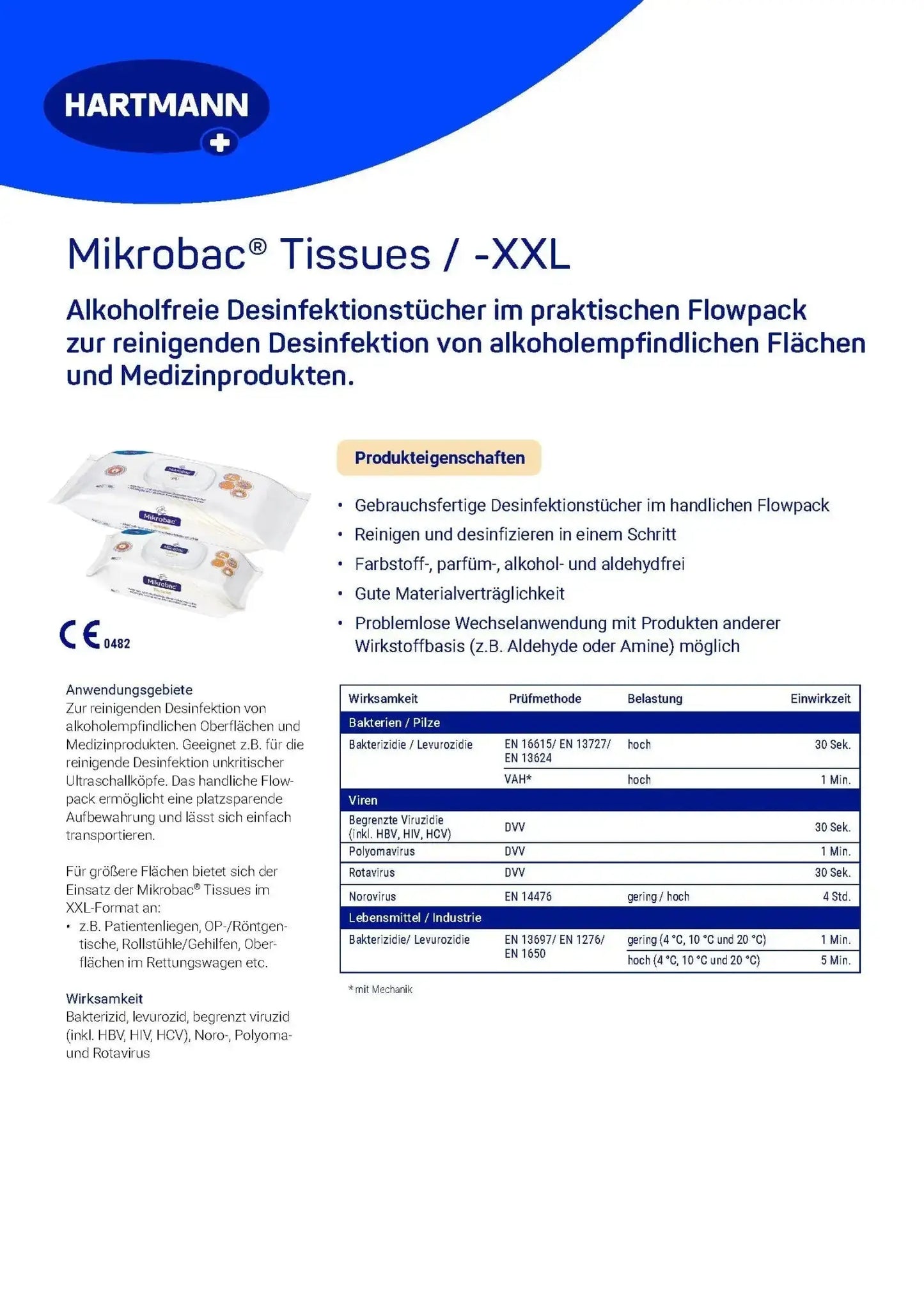 Mikrobac Tissues XXL Flächendesinfektionstücher 40 Stück
XXL Desinfektionstücher für Krankenhäuser
Flächendesinfektion Rettungsdienst und Pflege
VAH-gelistete Desinfektionstücher von HARTMANN
