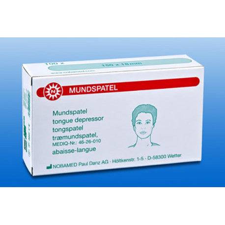 Verpackung der Nobamed 100 Holzmundspatel für Erwachsene, unsteril und sterilisierbar, ideal für medizinische Diagnostik und Praxisbedarf.