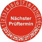 Rote Prüfplakette „Nächster Prüftermin“ mit Monatszahlen 1–12 und Jahreszahlen 23–29, ideal für Prüfkennzeichnung. Rolle mit 1.000 Stück für Bürobedarf.