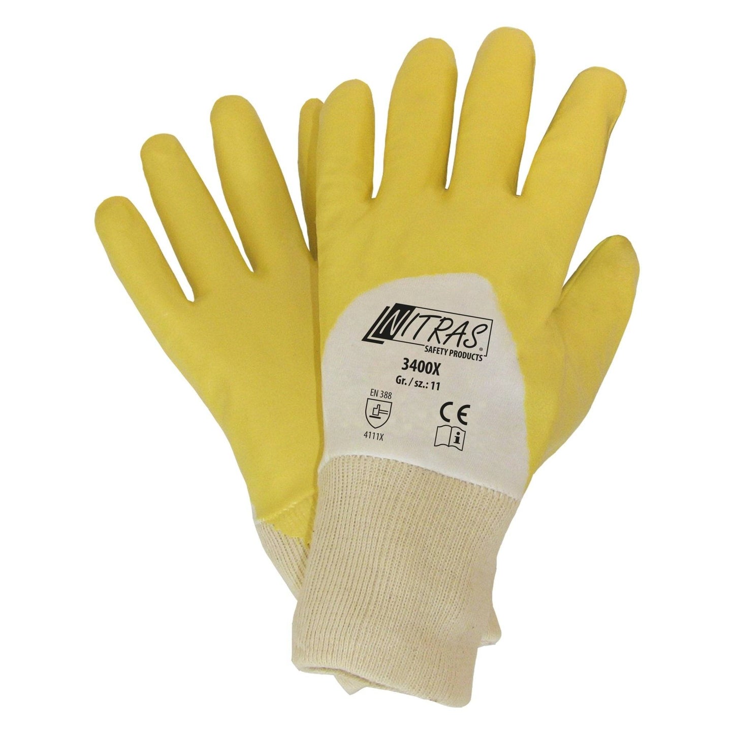 Nitrilhandschuhe Gelb teilbeschichtet – Nitras 3400 mit 3/4-Beschichtung und Strickbund für optimalen Arbeitsschutz bei Medasi.shop.