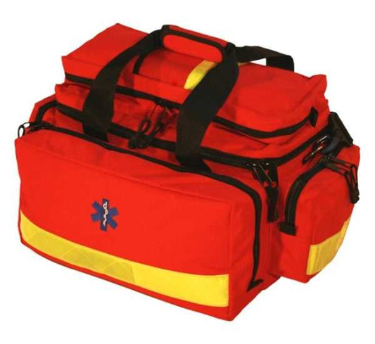 Notfalltasche Basic kaufen online: Rote Erste-Hilfe-Tasche aus Nylon mit Reflexband und mehreren Fächern für medizinische Notfälle. Ideal für den schnellen Einsatz.