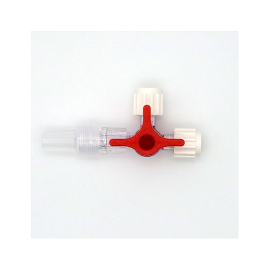Steriler Dreiwegehahn LL mit rotem Griff, ideal für Infusions- und Transfusionstherapie. Luer-Lock-Anschluss, geeignet für Druckinfusionssysteme.