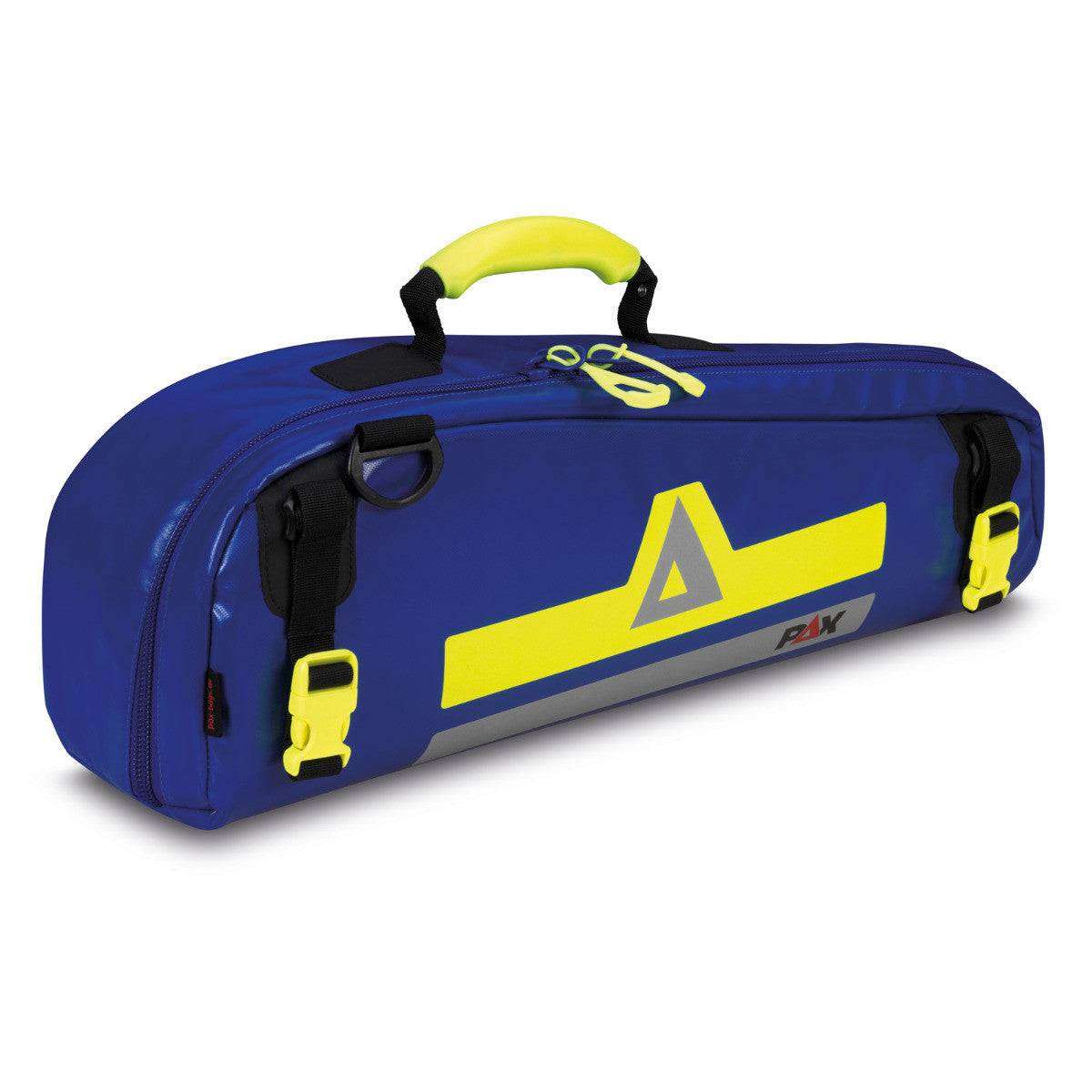 PAX Mini Oxy Compact L Sauerstofftasche in Blau mit gelbem Griff – kompakt, langlebig und ideal für den sicheren Transport von Sauerstoffflaschen.