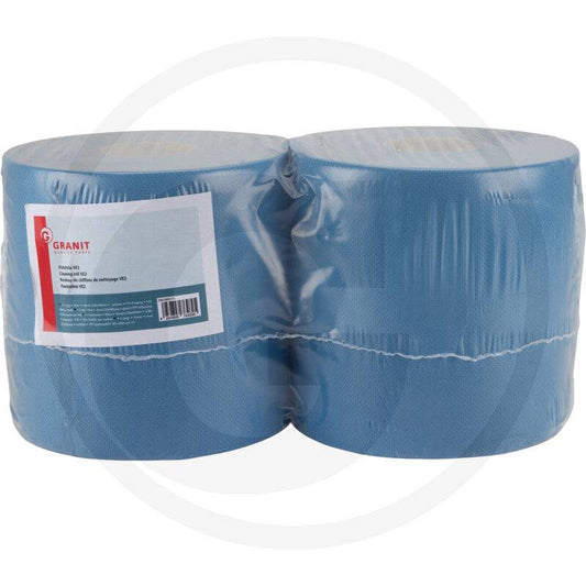 Putzrolle 2-lagig, blau, 500 Blatt von GRANIT im Doppelpack. Ideal für starke Saugkraft bei Öl, Fett und Flüssigkeiten in Werkstatt und Haushalt.
