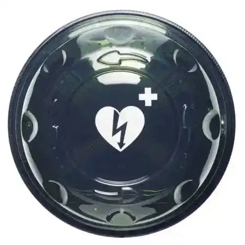 Schwarzer Deckel mit weißem Symbol eines Herzens, durchzogen von einem Blitz und einem Pluszeichen – typisches Zeichen für einen Defibrillator oder medizinische Notfallhilfe.