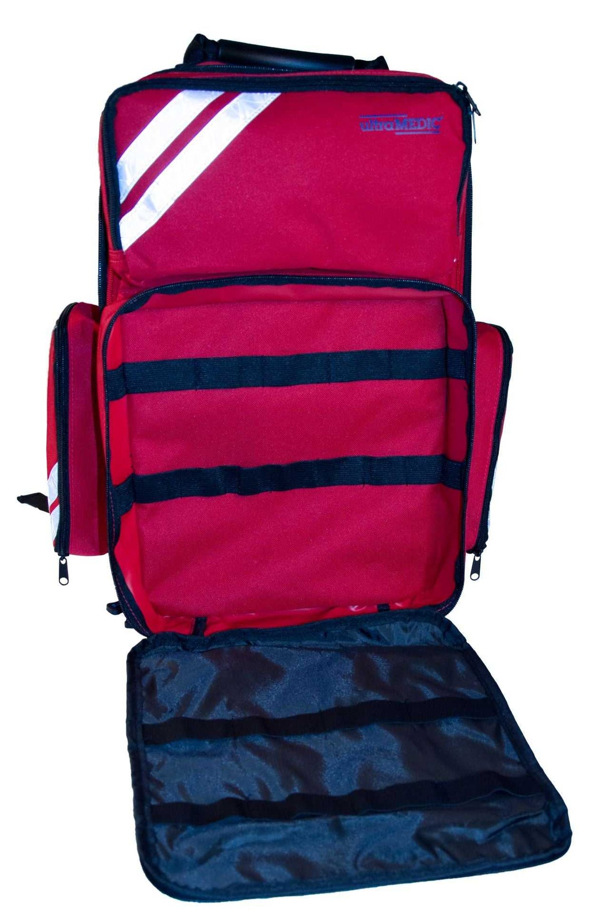 Vorderansicht des geöffneten Rucksack ultraRESCUE LITE mit MOLLE-System zur flexiblen Befestigung von zusätzlichem Erste-Hilfe-Zubehör.