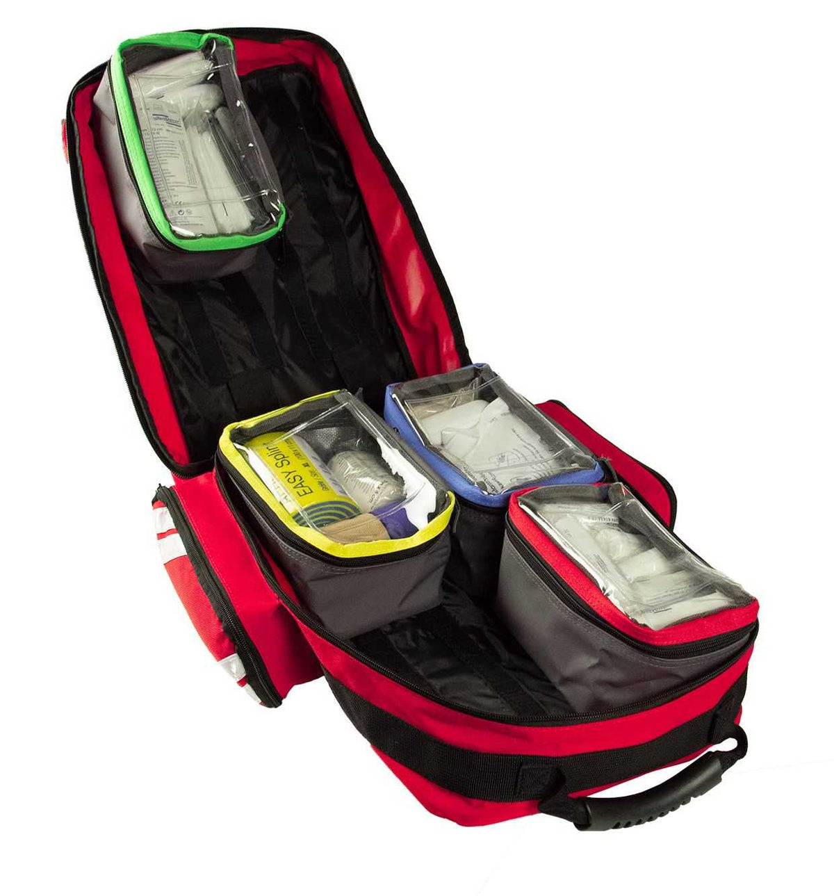 Geöffneter Rucksack ultraRESCUE LITE mit 4 farbcodierten Modultaschen zur übersichtlichen Aufbewahrung von Erste-Hilfe-Materialien.