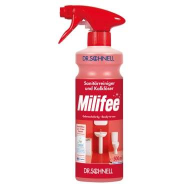 Sanitärreiniger - Kalklöser Milifee Gebrauchsfertiger in roter 500ml Sprühflasche von Dr. Schnell zur effektiven Entfernung von Kalk und Schmutz im Bad.