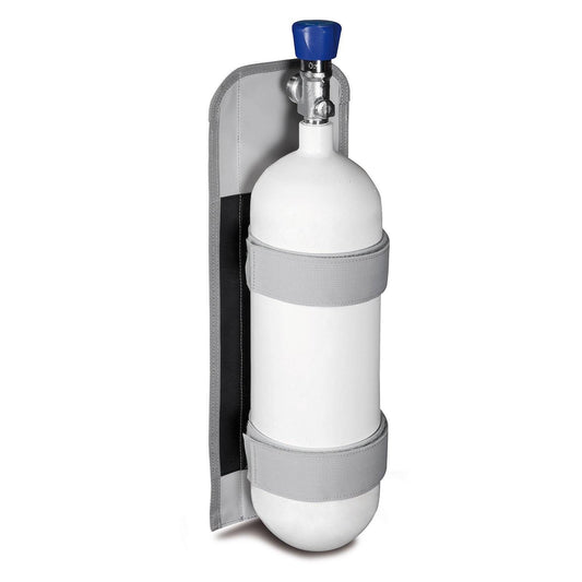 Sauerstoffflaschenhalterung PAX für Rucksäcke mit zwei grauen Klettbändern zur sicheren Fixierung einer 0,8-Liter Flasche. Ideal für Notfallrucksäcke.