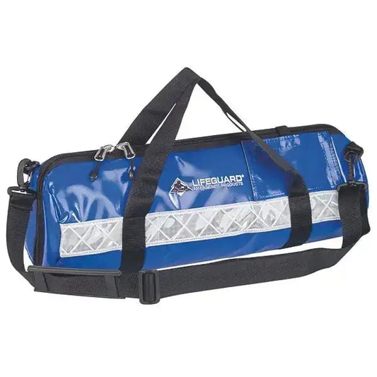 Lifeguard Sauerstofftasche in Blau mit reflektierendem Streifen und verstellbarem Schultergurt – ideal für O2-Flaschen 2–5L im Notfalleinsatz.