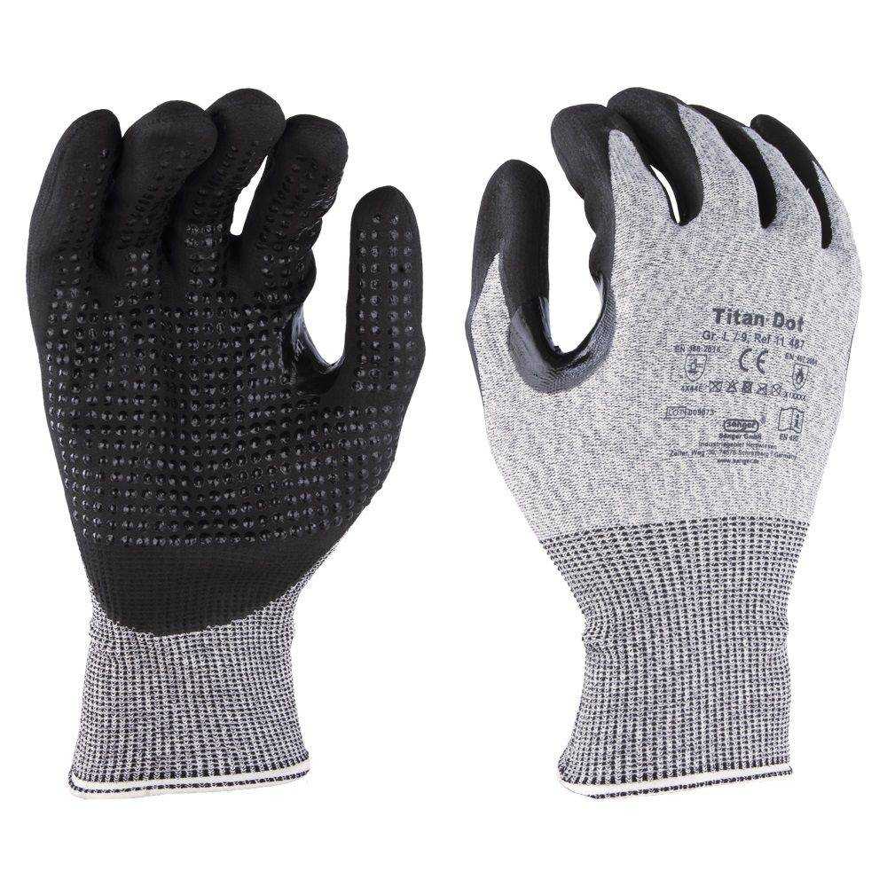 Schnittschutzhandschuh mit Nitril Noppen Titan Dot in Grau-Schwarz mit rutschfester Beschichtung für sicheren Griff bei Industriearbeiten.