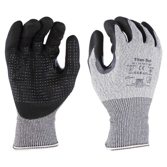 Schnittschutzhandschuh mit Nitril Noppen Titan Dot in Grau-Schwarz mit rutschfester Beschichtung für sicheren Griff bei Industriearbeiten.