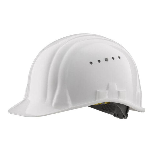 Weißer Schutzhelm Schuberth Baumeister 80 mit Belüftungslöchern, ideal für Baustellen und Industrieeinsätze. Robuster Arbeitsschutzhelm für Profis.