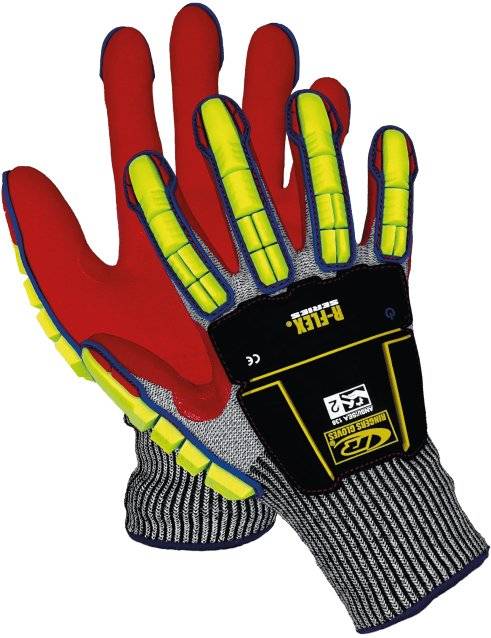 RINGERS R065T Schutzhandschuhe von Penkert mit roter Handfläche, gelben Schlagdämpfern und grauem Schnittschutzgewebe für industrielle Sicherheit.