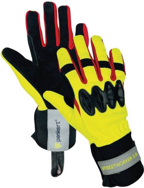 Schutzhandschuhe STREETWORKER 2.0 in Gelb-Schwarz mit Knöchelschutz und Reflektoren – Sicherheit & Komfort für technische Einsätze.