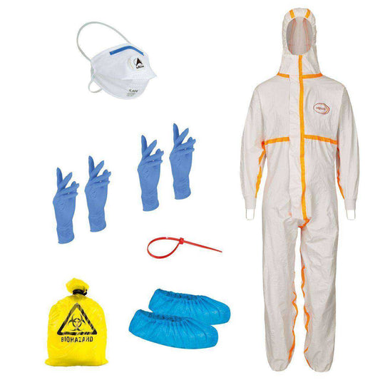 Schutzset PLUS DACH gegen Vogelgrippe mit FFP3-Maske, Schutzanzug, Handschuhen, Überschuhen und Biohazard-Beutel für umfassenden Virenschutz.