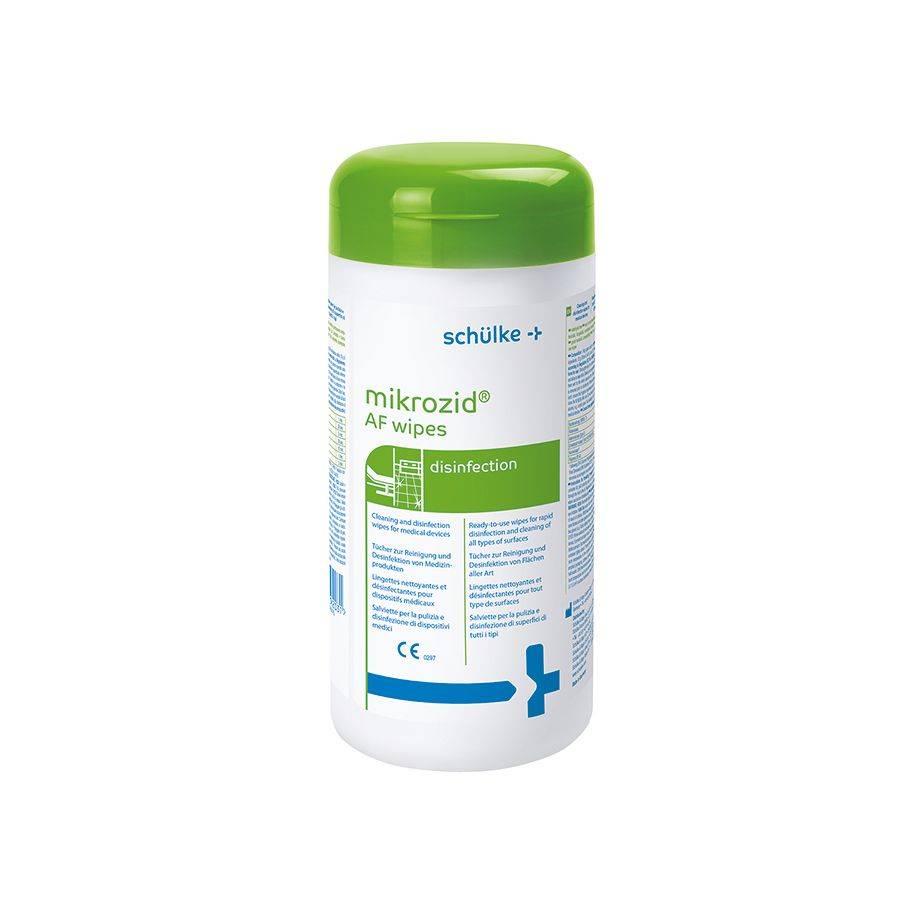 Mikrozid® AF Wipes Desinfektionstücher 150 Stück in einer praktischen Spenderdose mit grünem Deckel zur schnellen Flächendesinfektion.