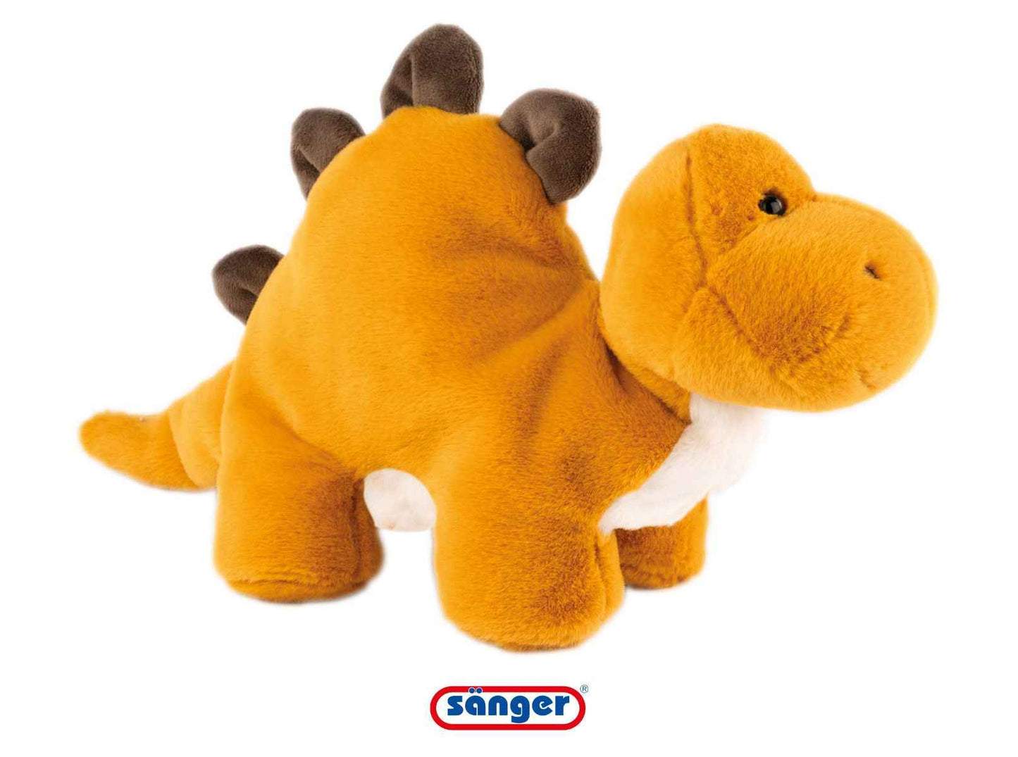 Orangefarbenes Kirschkernkissen Dino Jurassic Heat Plüschtierbezüge mit braunen Rückenzacken, perfekt als Wärmespender und Plüschtier.