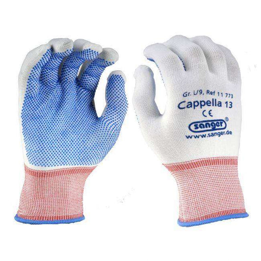 Entdecken Sie Cappella 13 Strickhandschuhe: Nylon-Strick, leicht, flexibel. Ideal für Verpackungen und Qualitätskontrolle. Rutschfest mit Vinyl-Noppen. Beste Passform.