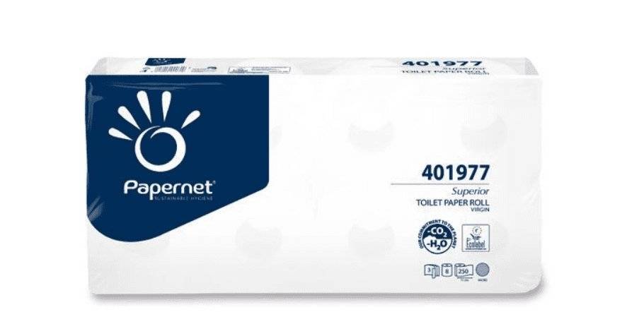 Toilettenpapier Papernet Superior weiß 3 lagig im 6er-Pack, hygienisch verpackt, ideal für Spender im Haushalt oder Gewerbe.