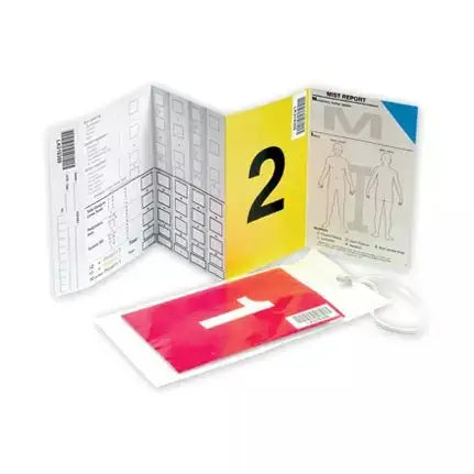 SmartTag MIST Triagekarte mit Faltendesign, MIST Report und Klarsichttasche für taktische Medizin im Notfalleinsatz. Ideal zur schnellen Verwundeten-Kategorisierung.