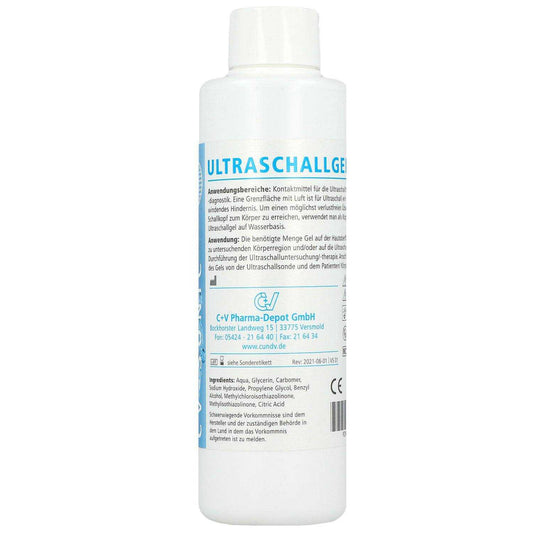 Ultraschallgel CV-Sonic in 500ml Flasche für medizinische Diagnostik, hautfreundlich und ideal als Kontaktmittel bei Ultraschalluntersuchungen.