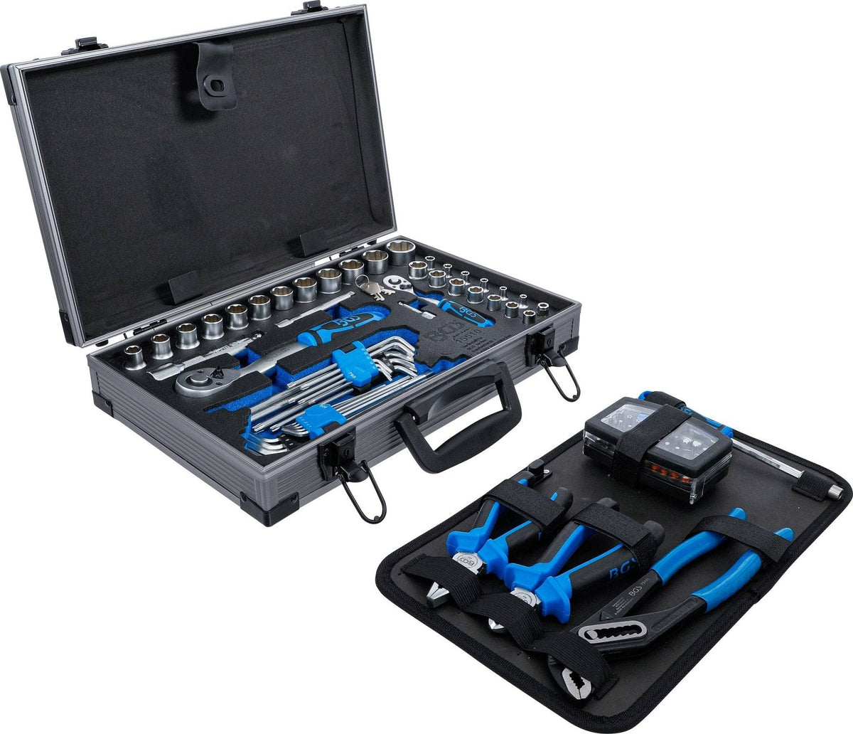 Universal-Werkzeugkoffer 85-tlg. 11510 by medasi.shop geöffnet mit umfassender Werkzeugausstattung für Heimwerker und Mechaniker.