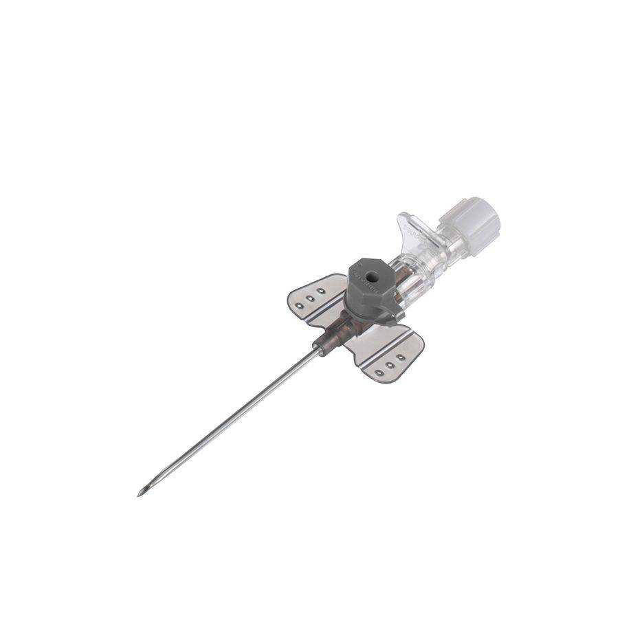 Graue Vasofix Safety Braunüle mit Sicherheitsmechanismus und Port. Optimal für den Einsatz in medizinischen Einrichtungen.