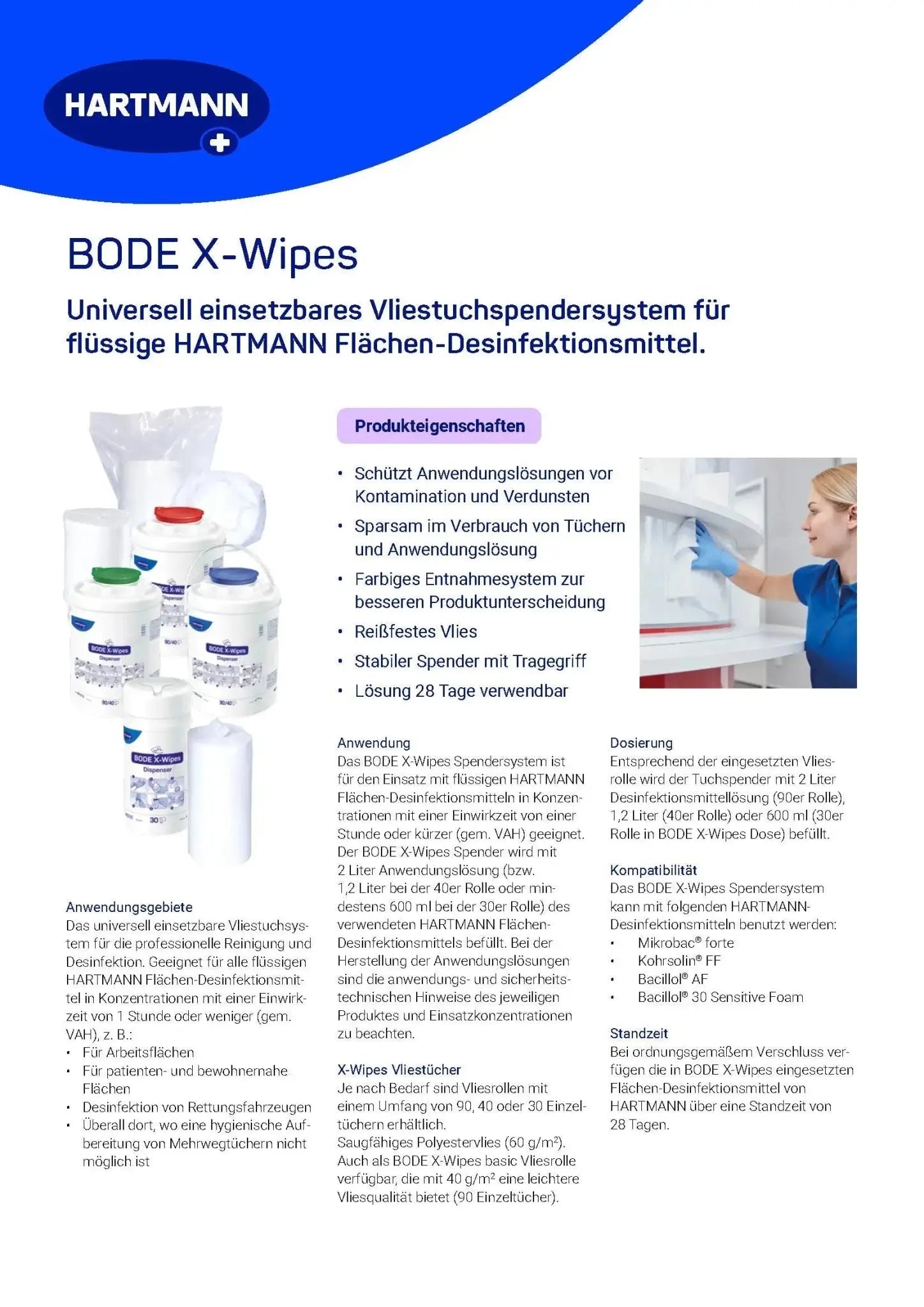 Produktinformation zu BODE X-Wipes Vliesrollensystem mit Anwendungshinweisen für effektive Flächendesinfektion mit HARTMANN xwipes.