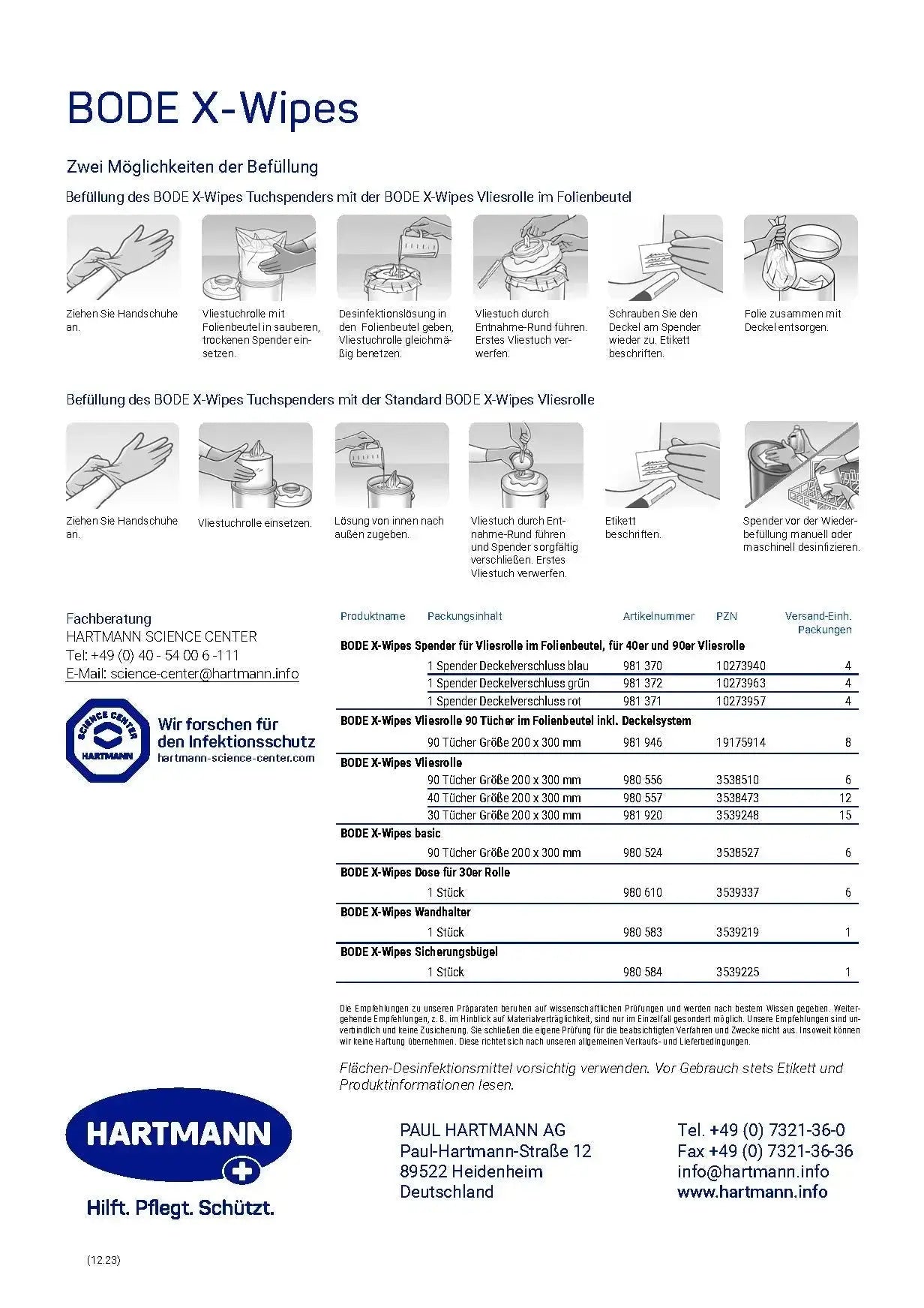 Anleitung zur Befüllung des BODE X-Wipes Spendersystems mit Vliesrolle für professionelle Flächendesinfektion in medizinischen Einrichtungen.